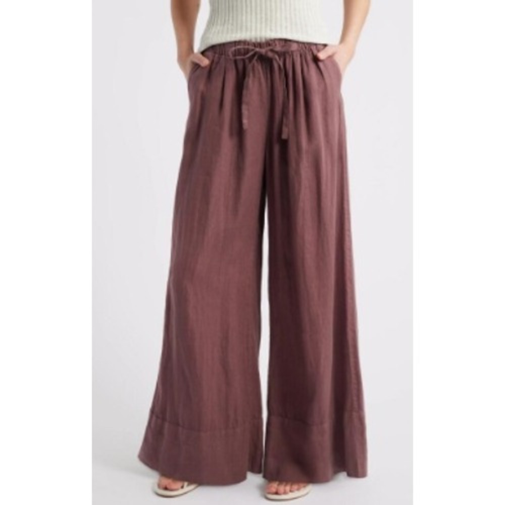 Caslon Womens Mauve Plum 100% Linen Wide Leg Drawstring Pants Size L